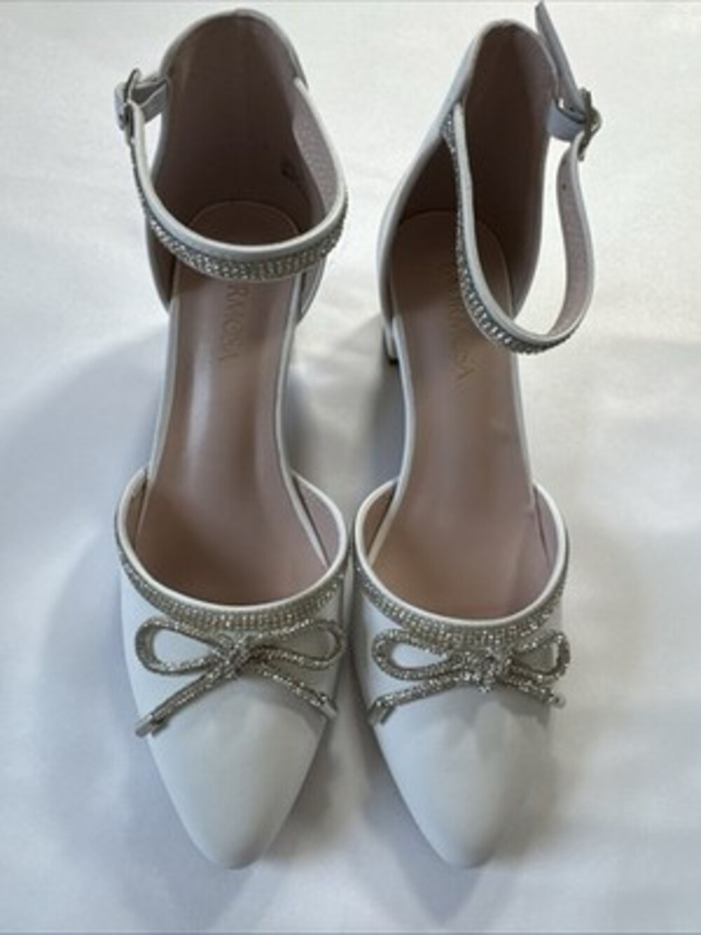LAURAMOSA White Strappy Heels with Bow & Rhinestone Ankle Strap size 5